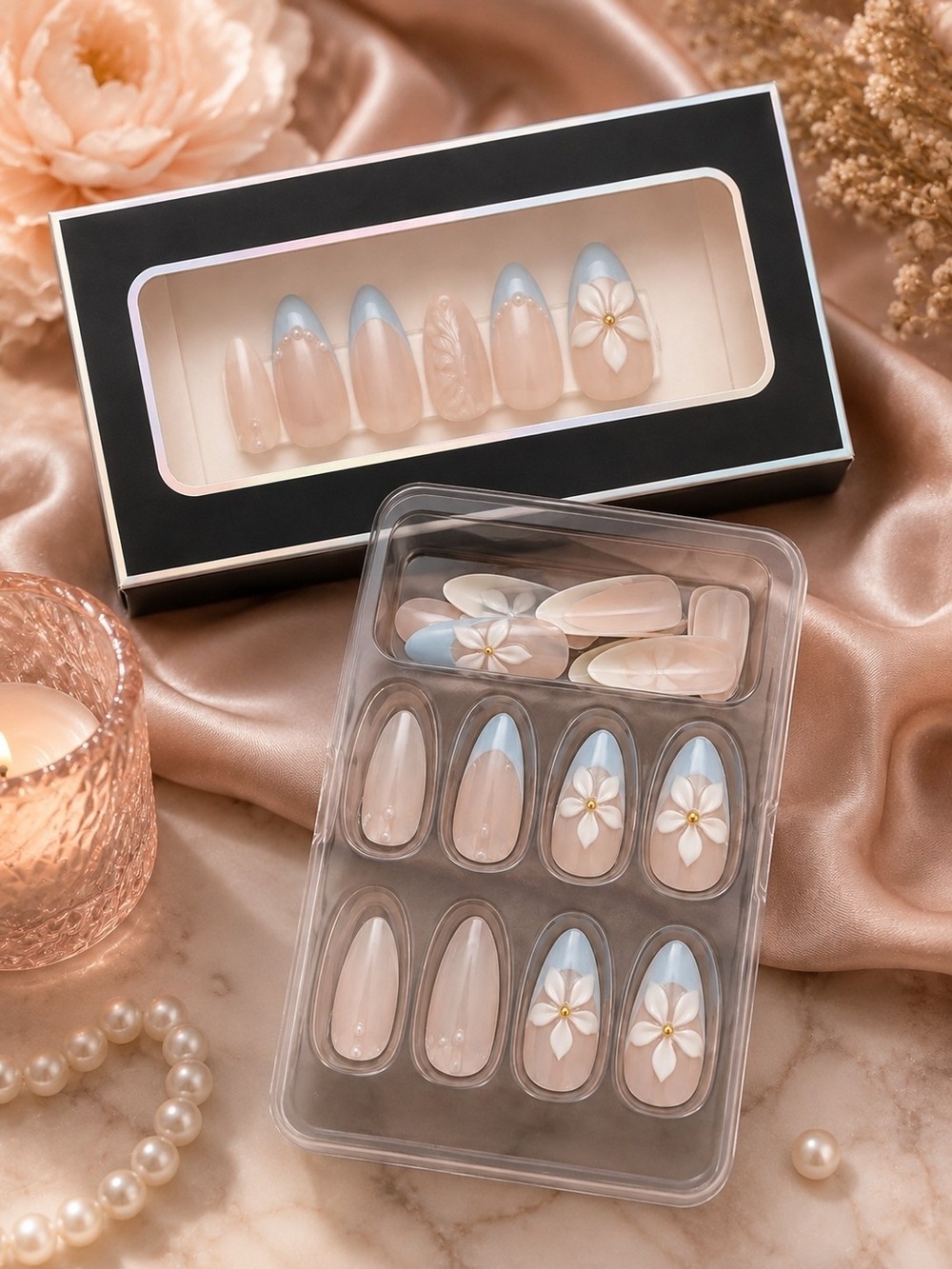 Peach Baby Blue Floral Press On Nail Set